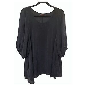Tianello Black Blouse Tunic Ballon Sleeves Side Pockets Wrinkled Sheer Size L